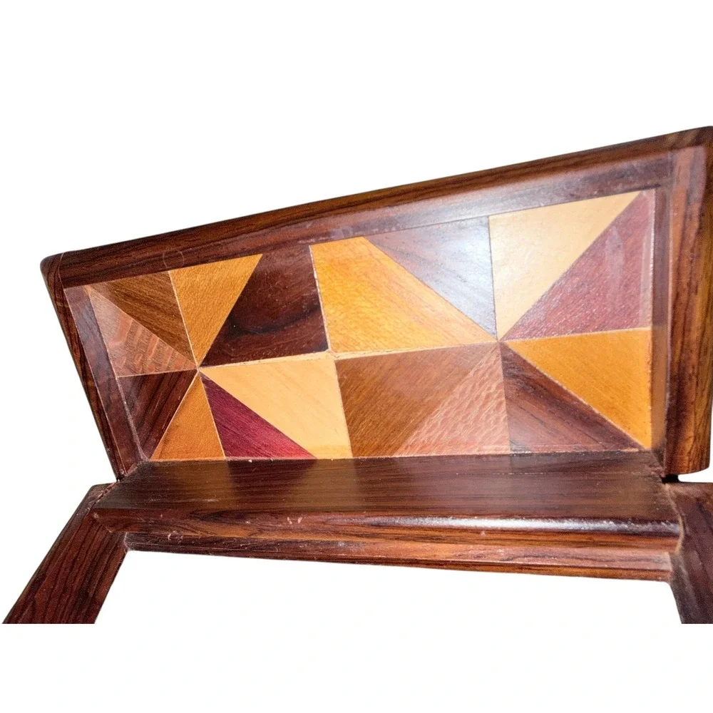 Boho Marquetry Wood Inlay Trinket Box Brown Geometric Parquetry Lined